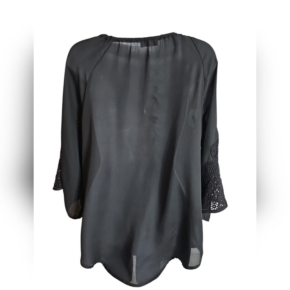Joyce Womens Large Black Sheer Lace Bell Sleeve Blouse Top Y2K Iconic Statement - Picture 4 of 8